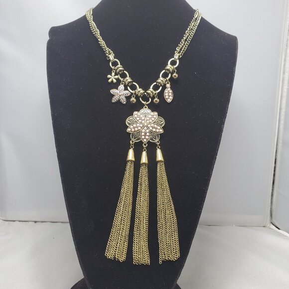 Vetta multi layer antique gold chain with floral charms and tassels - Picture 1 of 8